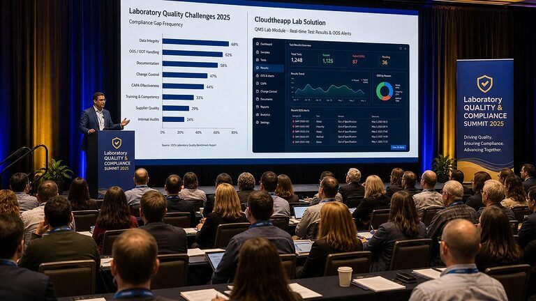 CTO speaker at a laboratory quality and compliance conference session gesturing toward a dual-panel projection screen showing lab challenge data and QMS lab module screenshots to an engaged audience