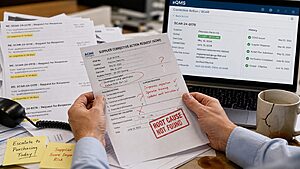 Close-up of hands holding a SCAR form stamped ROOT CAUSE NOT FOUND surrounded by unanswered supplier emails and sticky notes, with a clean digital eQMS SCAR module visible in the background