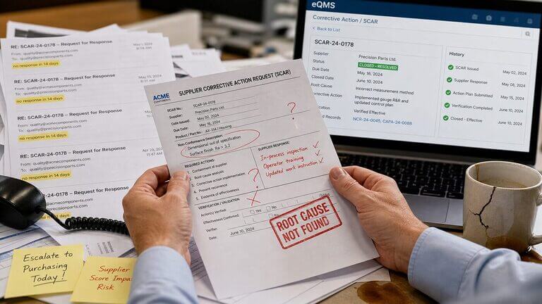 Close-up of hands holding a SCAR form stamped ROOT CAUSE NOT FOUND surrounded by unanswered supplier emails and sticky notes, with a clean digital eQMS SCAR module visible in the background