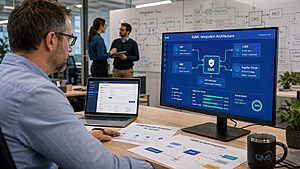 IT quality systems architect reviewing EQMS integration architecture connecting QMS ERP MES and LIMS platforms on a modern office workstation