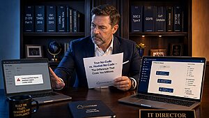 Quality IT director at a dark wood desk with a legacy no-code vendor laptop pushed aside and a rich Cloudtheapp configuration designer open on the right under warm split lighting