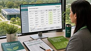 Environmental sustainability compliance manager reviewing ISO 14001 aspects and impacts register on a workstation with green campus view
