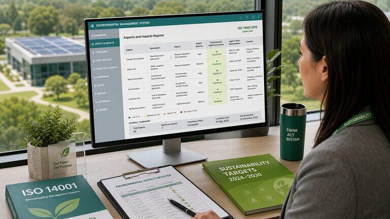 Environmental sustainability compliance manager reviewing ISO 14001 aspects and impacts register on a workstation with green campus view