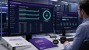 Validation engineer executing IQ OQ PQ protocols on a digital validation platform dashboard with rapid progress bars and automated summary report generation