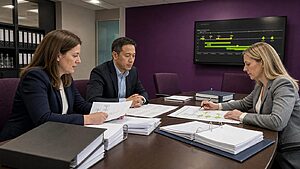 Pharmaceutical regulatory affairs team reviewing ICH Q12 post-approval change management documentation at a conference table