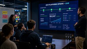 Software team watching a live deployment pipeline dashboard showing all stages green with a 2021 Platform Update LIVE banner in a dark developer war room