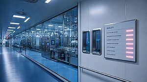 Pharmaceutical contract manufacturing cleanroom corridor with stainless steel process equipment