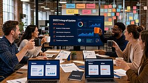 SaaS product team celebrating the 2022 Integral platform release with new feature checklists on screen and collaborative energy in a modern tech office