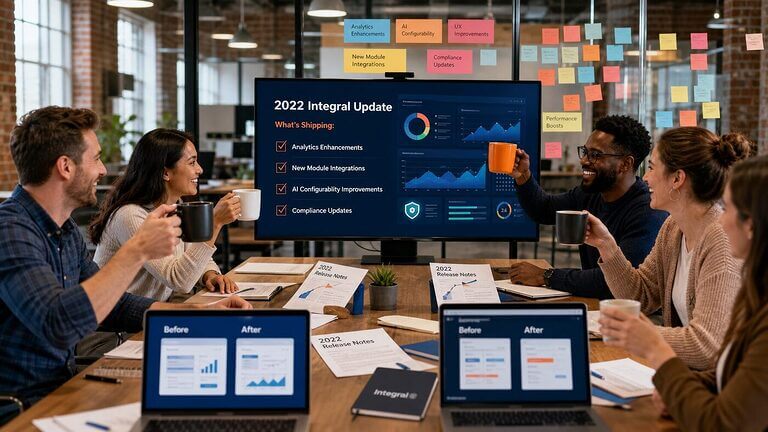 SaaS product team celebrating the 2022 Integral platform release with new feature checklists on screen and collaborative energy in a modern tech office