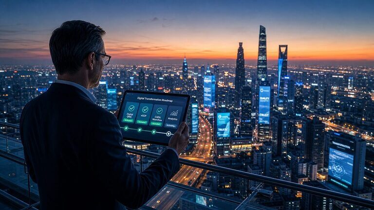 Quality director on a glass observation deck at blue hour reviewing a digital transformation roadmap on a tablet, with a smart city skyline stretching to the horizon