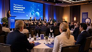Professional pharmaceutical development conference auditorium filled with scientists and industry leaders at round tables