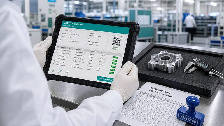 Quality inspector using a digital tablet for advanced inspections with AQL sampling plan and precision component at a clean production facility