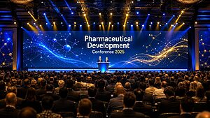 Grand pharmaceutical development conference ballroom with hundreds of industry executives facing an illuminated stage showing Pharmaceutical Development Conference 2025 keynote presentation