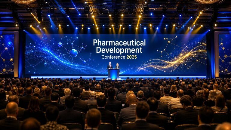 Grand pharmaceutical development conference ballroom with hundreds of industry executives facing an illuminated stage showing Pharmaceutical Development Conference 2025 keynote presentation