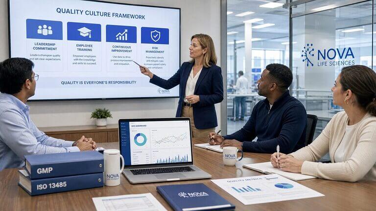 Life sciences quality team meeting around a conference table reviewing quality culture framework pillars with GMP and ISO 13485 binders