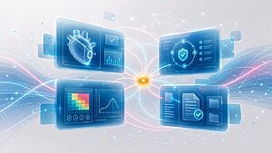 Medical device QMS software buyer's guide - compliance workflow visualization with glassmorphism panels