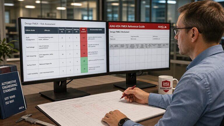 Risk management engineer studying a Failure Mode and Effects Analysis FMEA risk matrix with RPN scores and AIAG-VDA reference guide on dual monitors