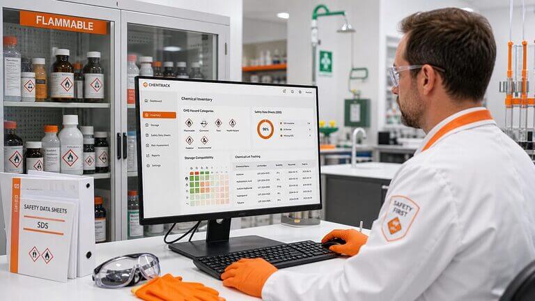 Chemical safety compliance specialist reviewing GHS chemical inventory and SDS records in a modern regulated laboratory with labeled chemical storage