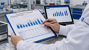 Nonconformance trending charts reviewed on a medical device quality bench