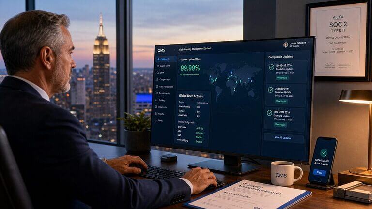 Chief Quality Officer reviewing a cloud QMS dashboard with global user activity map and 99.99% SLA uptime in a premium executive office with city skyline at dusk