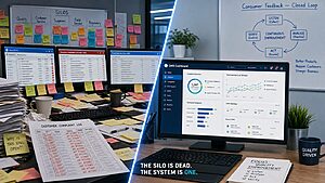 Split-frame corporate office showing chaotic siloed complaint inboxes and sticky notes on the left versus a unified QMS consumer feedback dashboard with green closure rates on the right