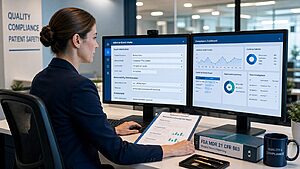 Healthcare quality specialist reviewing adverse event compliance reports on a dual-monitor workstation with FDA regulatory documentation