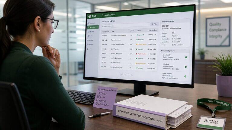 Document control specialist reviewing version-controlled SOP binder and electronic signature log on a QMS workstation in a regulated office