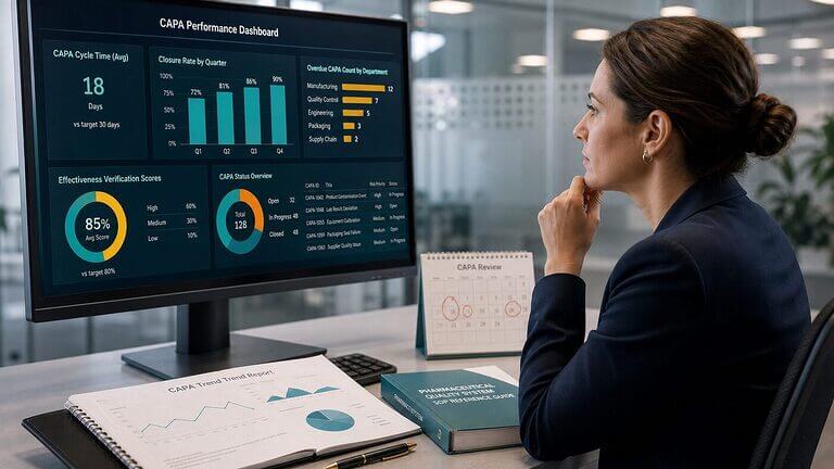Quality assurance manager reviewing CAPA metrics dashboard with cycle time trends and closure rates for a life sciences pharmaceutical organization