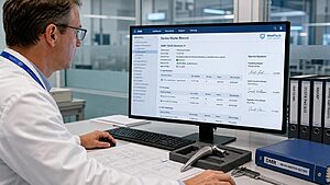 Medical device quality engineer reviewing Device Master Records on a compliance workstation with precision instruments and regulatory documentation