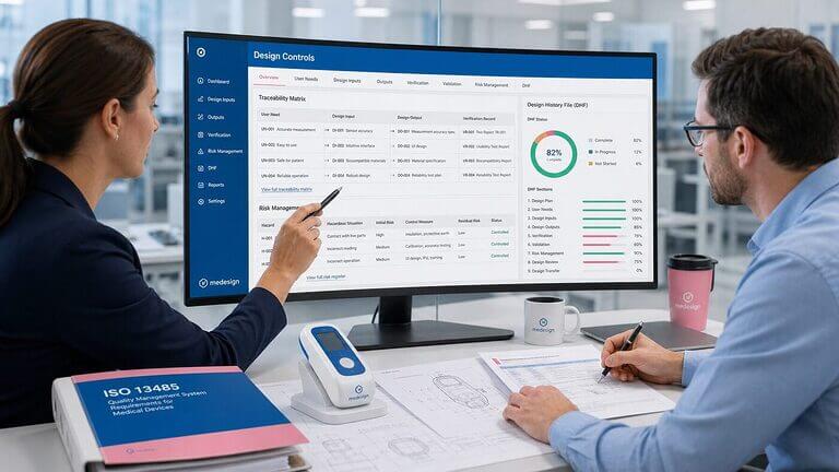 Medical device engineer and regulatory specialist reviewing traceability matrix and Design History File in a digital Design Controls module