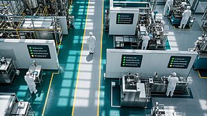 Bird's-eye overhead view of a pharmaceutical manufacturing floor with operators at digital checklist stations showing GMP compliance sign-offs and line clearance verifications on wall-mounted tablets