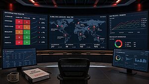 Global enterprise risk command center at night with a curved multi-screen video wall showing a live risk heatmap, geographic risk map, and trending risk velocity charts