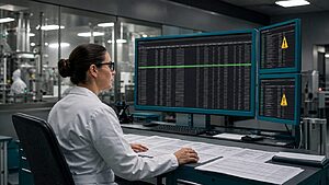 Quality auditor reviewing audit trail logs on a compliance workstation in a pharmaceutical facility