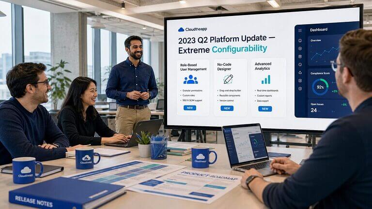 Cloudtheapp software team reviewing 2023 Q2 platform update dashboard with new no-code configurability features in a modern tech office