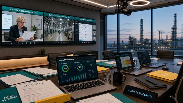Corporate conference room converted into a remote audit hub with three wall-mounted screens showing live video audit sessions, evidence folders, and a QMS audit dashboard
