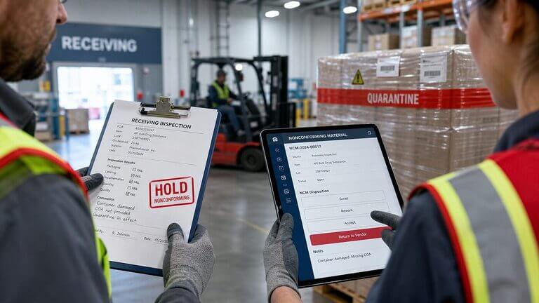 Quality inspectors at a receiving dock logging a nonconforming material hold with a digital NCM disposition interface on a tablet