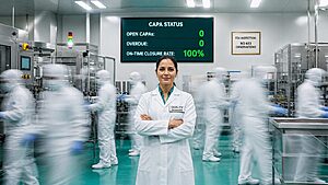 Quality manager stands still with arms folded in a pharmaceutical manufacturing floor as cleanroom operators move in motion-blur around her, with a CAPA status board showing 100% on-time closure rate behind her