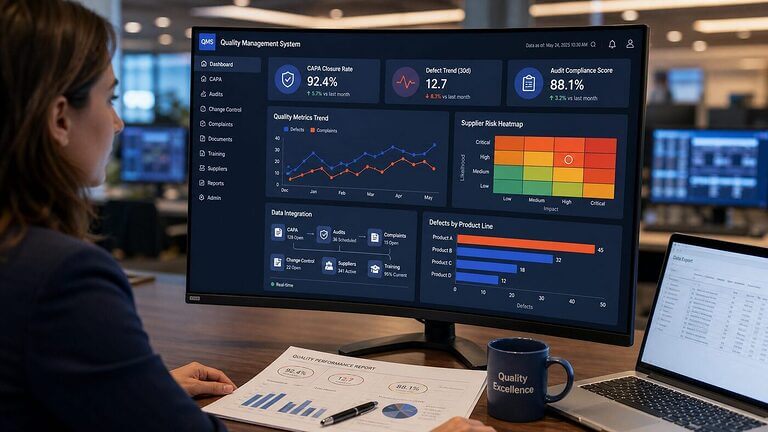 Quality analytics manager reviewing multi-chart QMS dashboard with CAPA closure rates and defect trends in indigo and coral tones