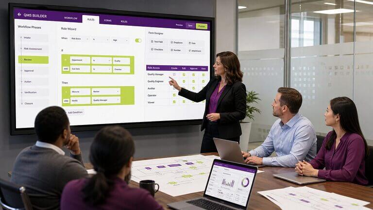Quality director configuring a QMS workflow on an interactive touchscreen with no-code rule wizard and drag-and-drop form designer in a modern conference room