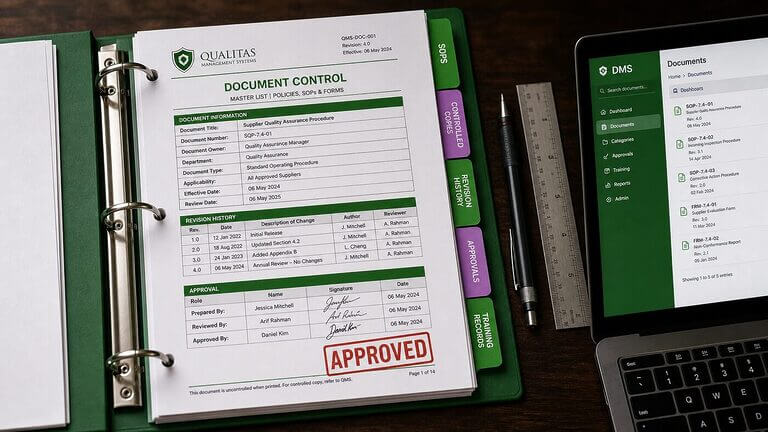 Top-down macro close-up of a color-tabbed SOP binder with an APPROVED stamp on a walnut desk, beside a laptop showing a digital document management system