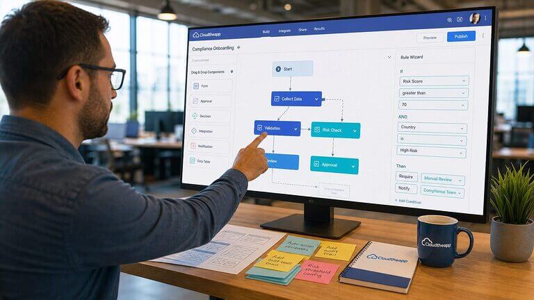 Business analyst configuring a no-code application builder with drag-and-drop workflow canvas and rule wizard in a modern tech office