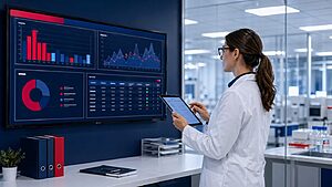 Quality professional reviewing compliance data on a digital QMS system dashboard in a regulated industry environment