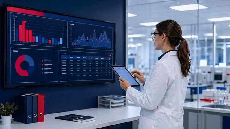 Quality professional reviewing compliance data on a digital QMS system dashboard in a regulated industry environment