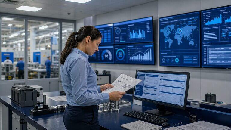 Manufacturing quality engineer reviewing process maps and QMS dashboards in a production quality control room