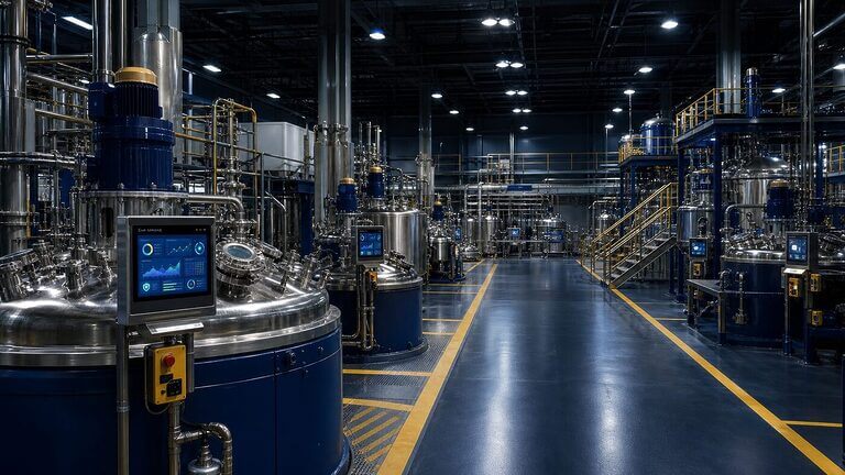 Pharmaceutical batch manufacturing floor with electronic batch record terminals at production workstations