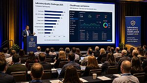CTO speaker at a laboratory quality and compliance conference session gesturing toward a dual-panel projection screen showing lab challenge data and QMS lab module screenshots to an engaged audience