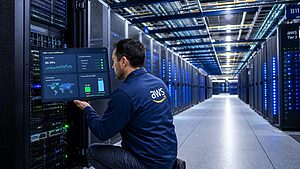 QA director kneeling in a Tier-3 data center corridor with a tablet showing a SaaS QMS cloud dashboard with global user activity and compliance module status all green