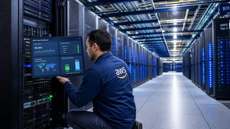 QA director kneeling in a Tier-3 data center corridor with a tablet showing a SaaS QMS cloud dashboard with global user activity and compliance module status all green