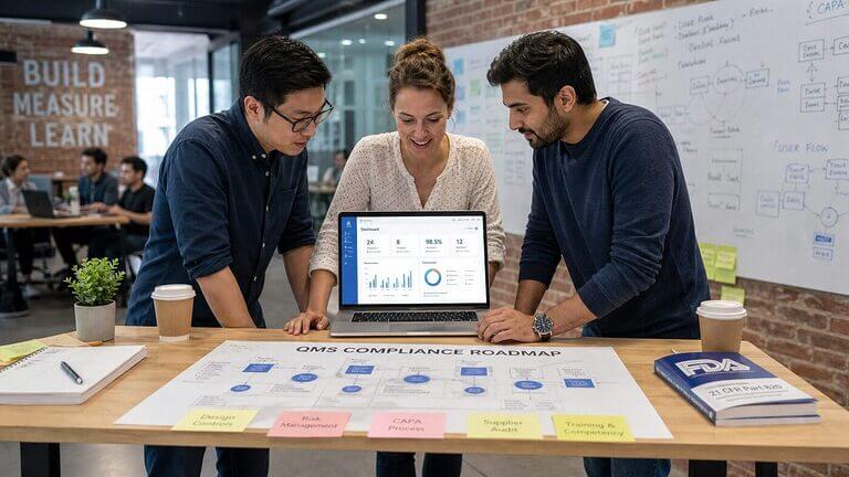 Startup team collaborating around a laptop showing cloud QMS software in a modern co-working space with quality compliance roadmap materials
