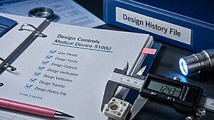 Close-up of design control documentation and caliper measuring a medical device component